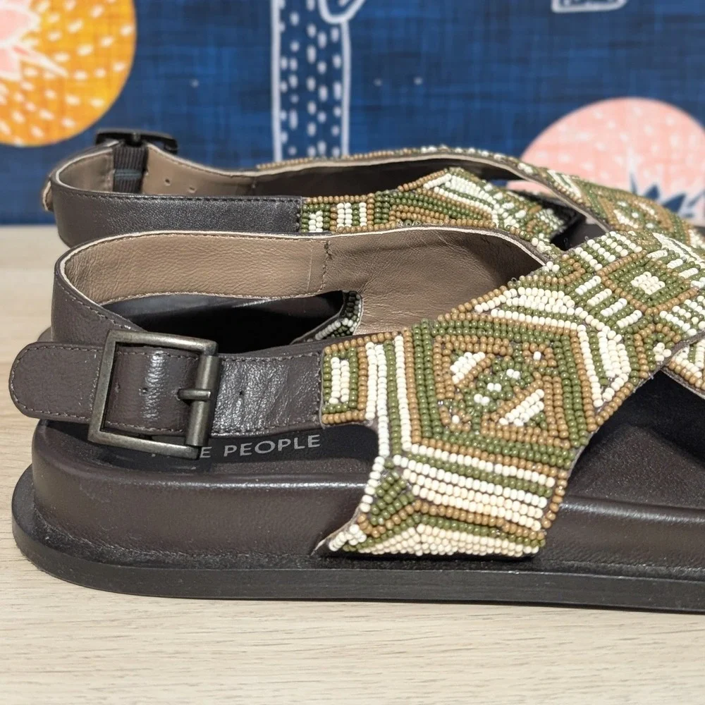 Free People Leather Mali Beaded Slip On Cross Straps Sandals Multi Size 8